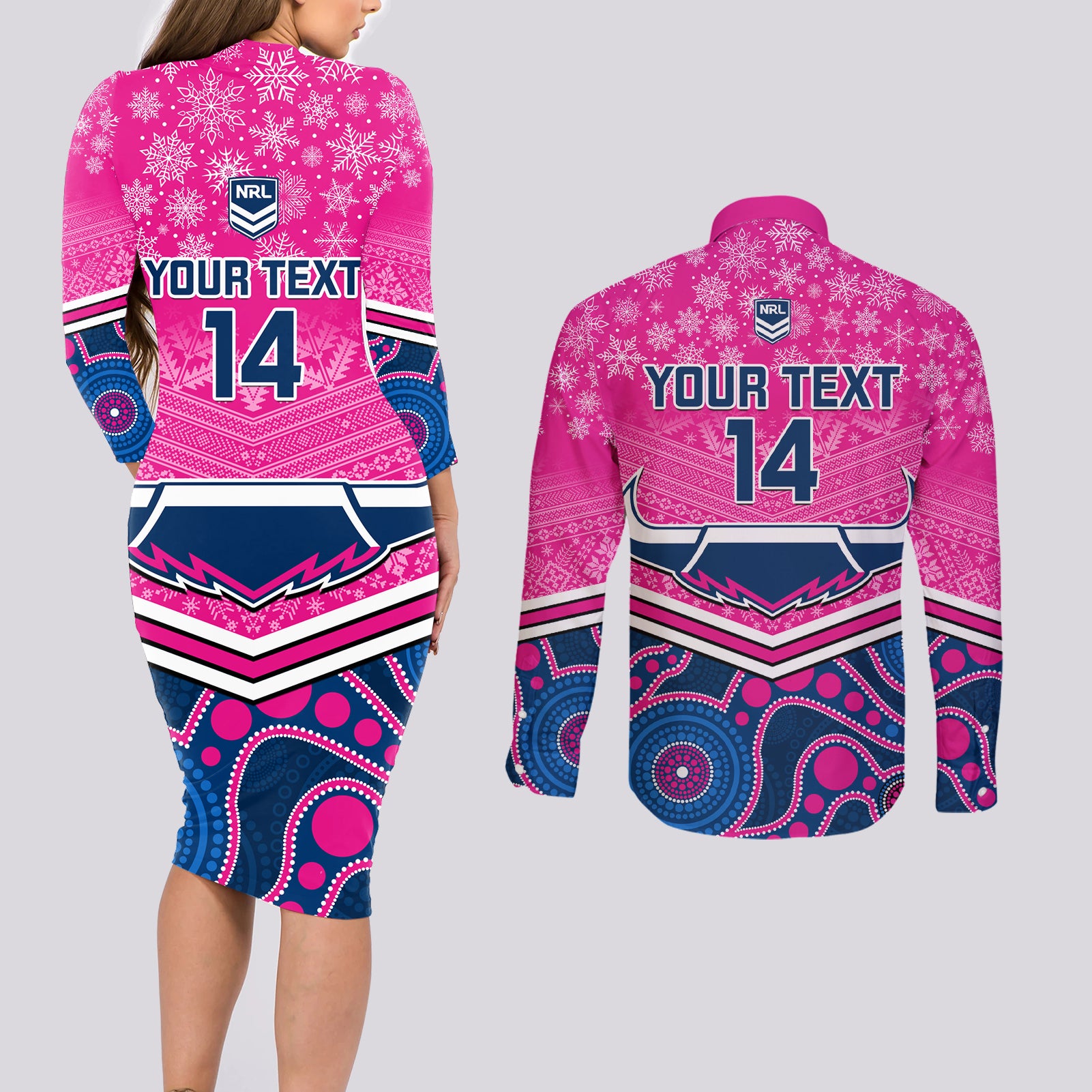 custom-cowboys-rugby-christmas-couples-matching-long-sleeve-bodycon-dress-and-long-sleeve-button-shirt-merry-xmas-2023-mix-aboriginal-art-pink-version