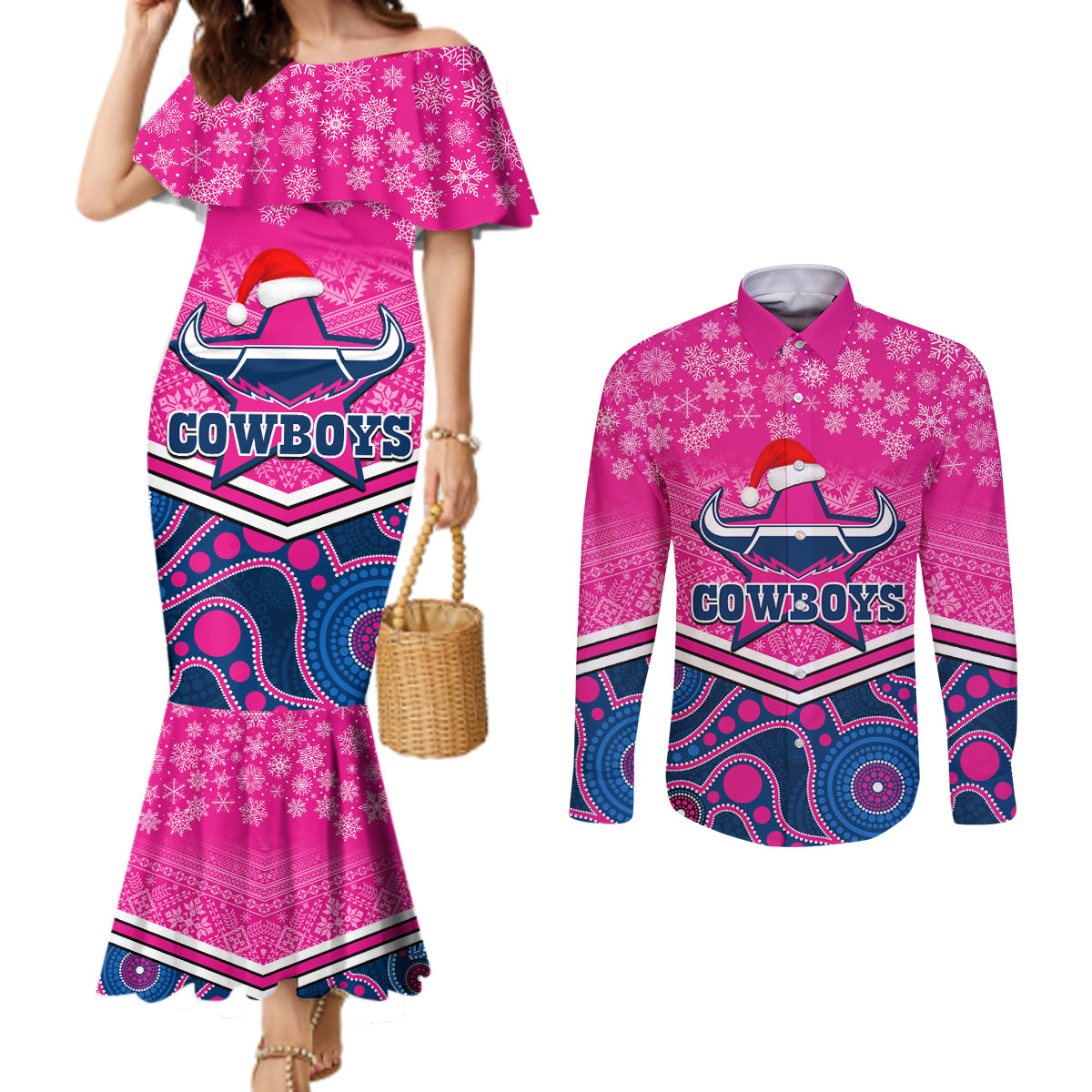 custom-cowboys-rugby-christmas-couples-matching-mermaid-dress-and-long-sleeve-button-shirt-merry-xmas-2023-mix-aboriginal-art-pink-version