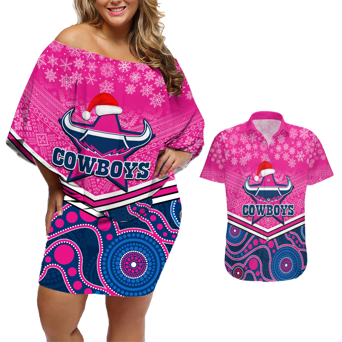 custom-cowboys-rugby-christmas-couples-matching-off-shoulder-short-dress-and-hawaiian-shirt-merry-xmas-2023-mix-aboriginal-art-pink-version