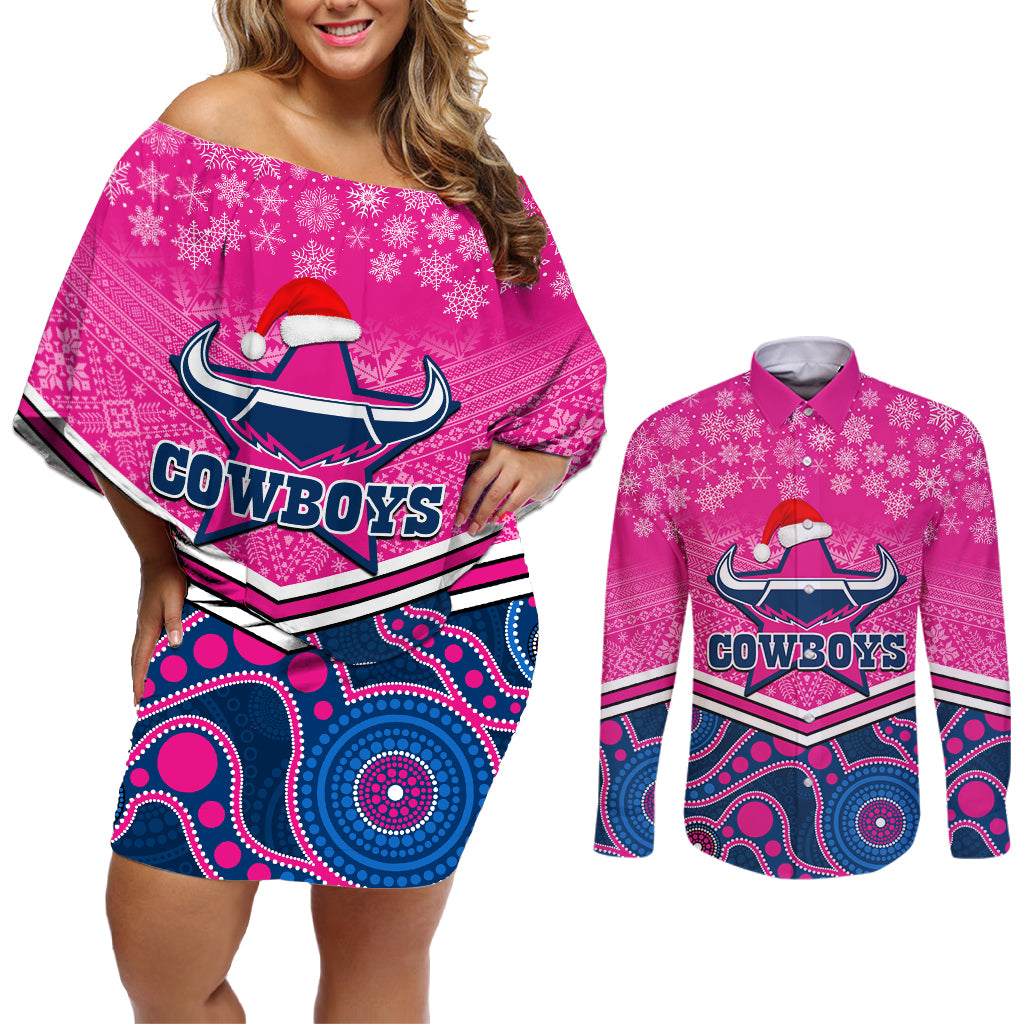 custom-cowboys-rugby-christmas-couples-matching-off-shoulder-short-dress-and-long-sleeve-button-shirt-merry-xmas-2023-mix-aboriginal-art-pink-version