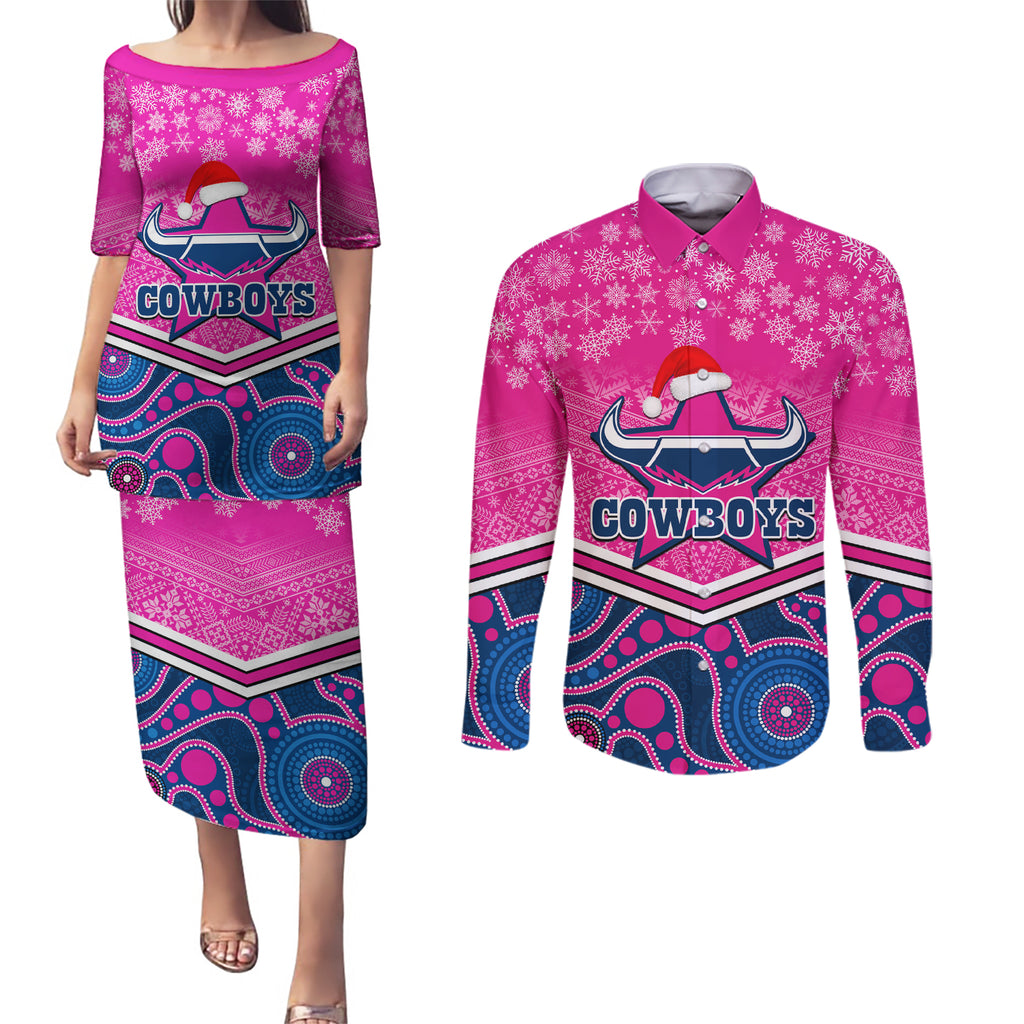 custom-cowboys-rugby-christmas-couples-matching-puletasi-dress-and-long-sleeve-button-shirt-merry-xmas-2023-mix-aboriginal-art-pink-version