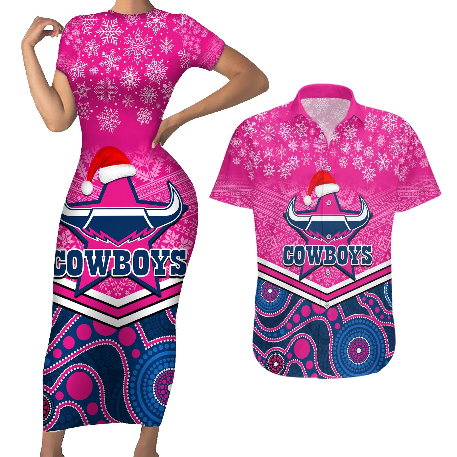 custom-cowboys-rugby-christmas-couples-matching-short-sleeve-bodycon-dress-and-hawaiian-shirt-merry-xmas-2023-mix-aboriginal-art-pink-version