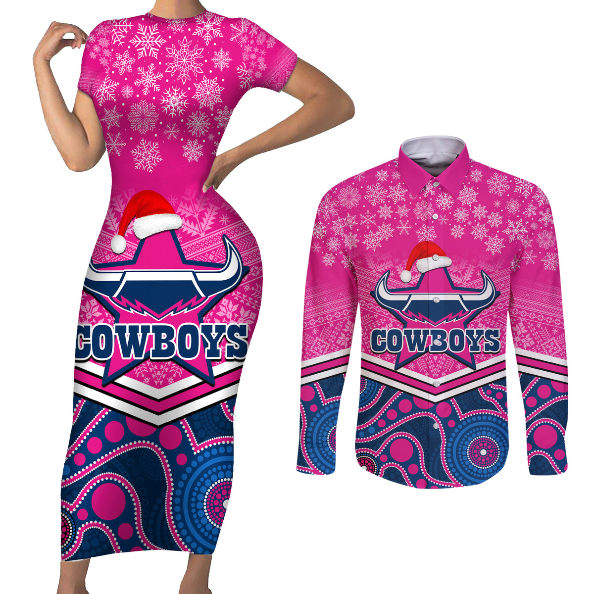 custom-cowboys-rugby-christmas-couples-matching-short-sleeve-bodycon-dress-and-long-sleeve-button-shirt-merry-xmas-2023-mix-aboriginal-art-pink-version