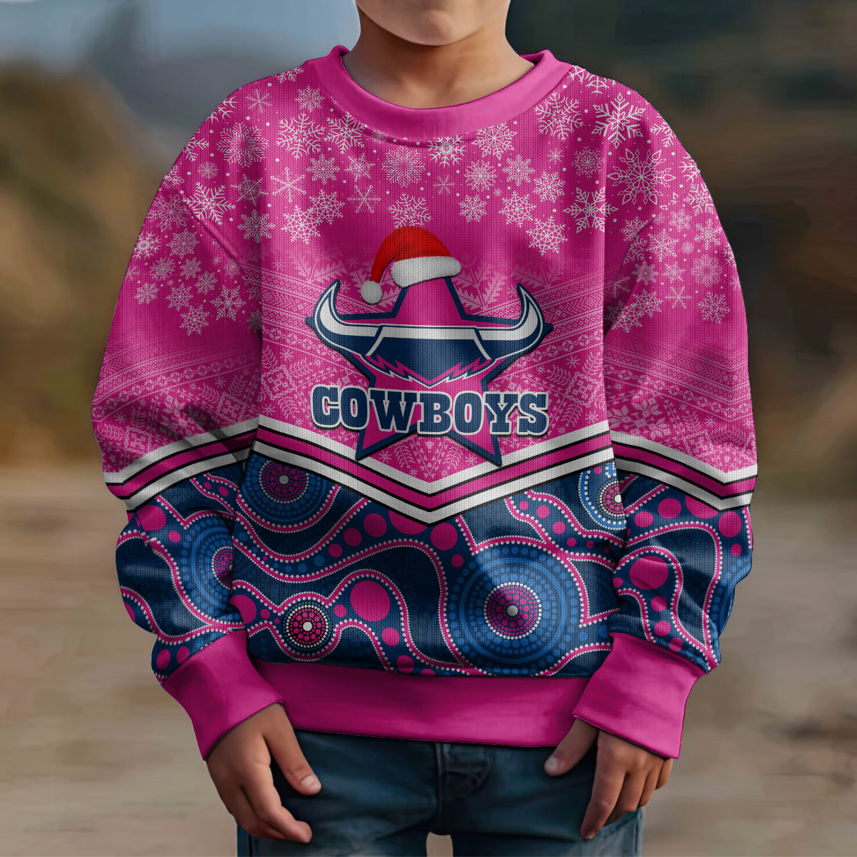 custom-cowboys-rugby-christmas-kid-ugly-christmas-sweater-merry-xmas-2023-mix-aboriginal-art-pink-version