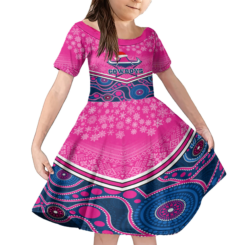 custom-cowboys-rugby-christmas-kid-short-sleeve-dress-merry-xmas-2023-mix-aboriginal-art-pink-version