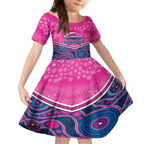 custom-cowboys-rugby-christmas-kid-short-sleeve-dress-merry-xmas-2023-mix-aboriginal-art-pink-version