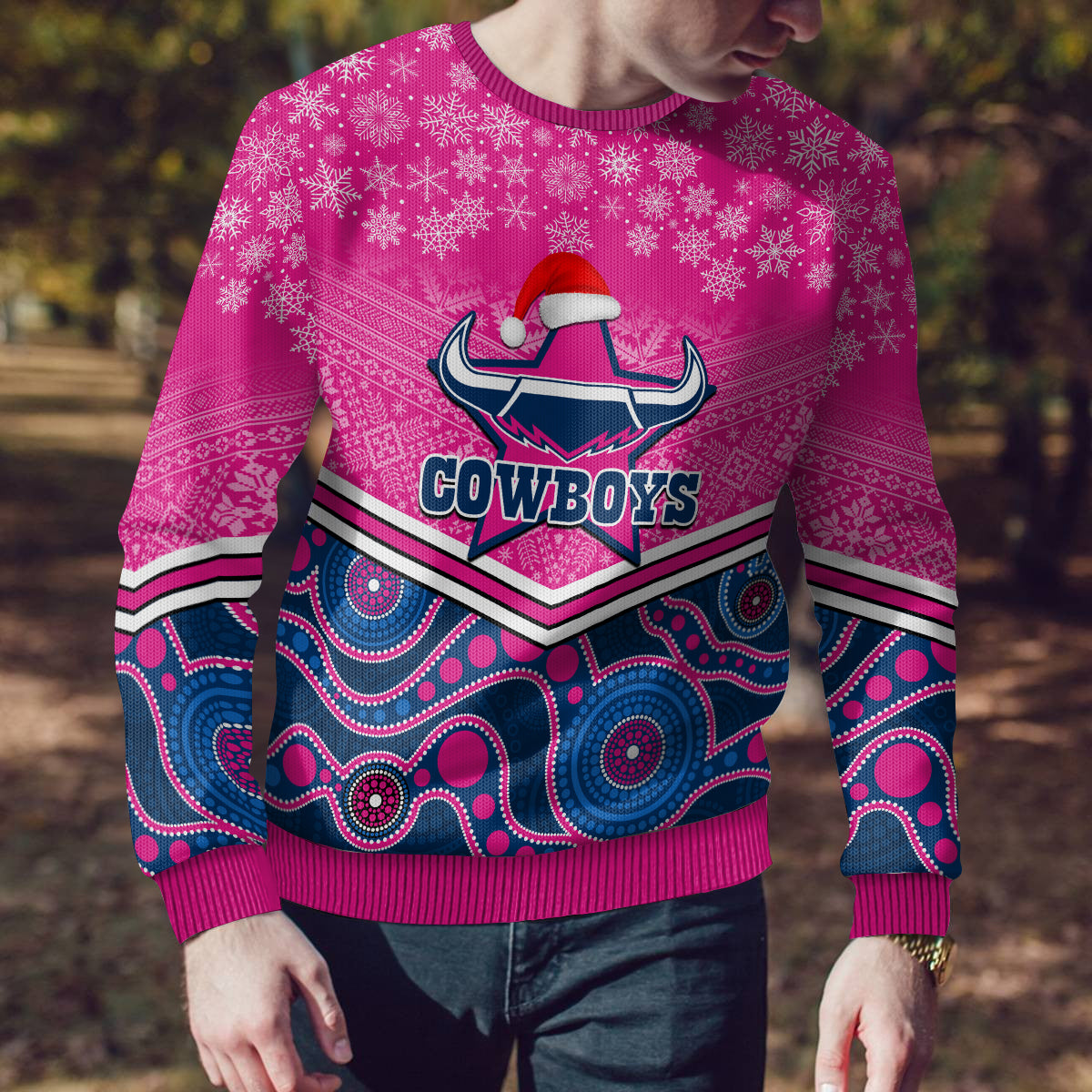 custom-cowboys-rugby-christmas-ugly-christmas-sweater-merry-xmas-2023-mix-aboriginal-art-pink-version
