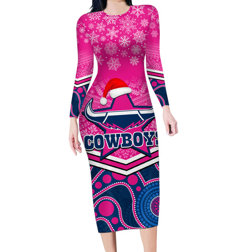 custom-cowboys-rugby-christmas-long-sleeve-bodycon-dress-merry-xmas-2023-mix-aboriginal-art-pink-version