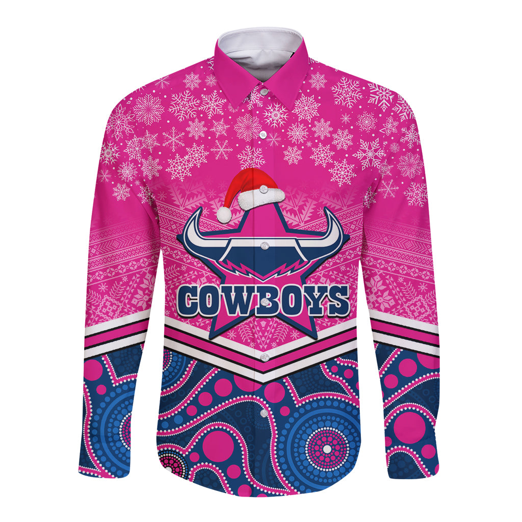 custom-cowboys-rugby-christmas-long-sleeve-button-shirt-merry-xmas-2023-mix-aboriginal-art-pink-version