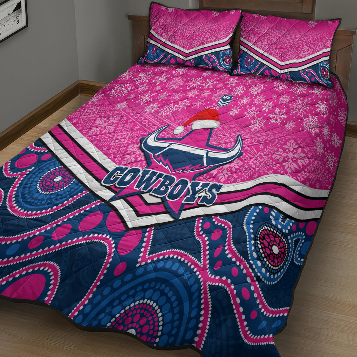 custom-cowboys-rugby-christmas-quilt-bed-set-merry-xmas-2023-mix-aboriginal-art-pink-version