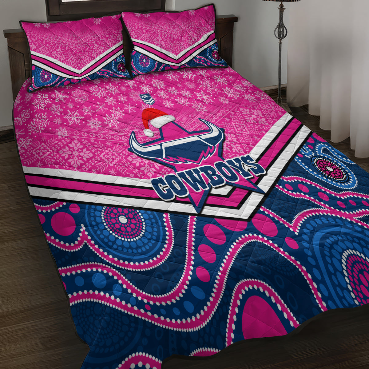 custom-cowboys-rugby-christmas-quilt-bed-set-merry-xmas-2023-mix-aboriginal-art-pink-version