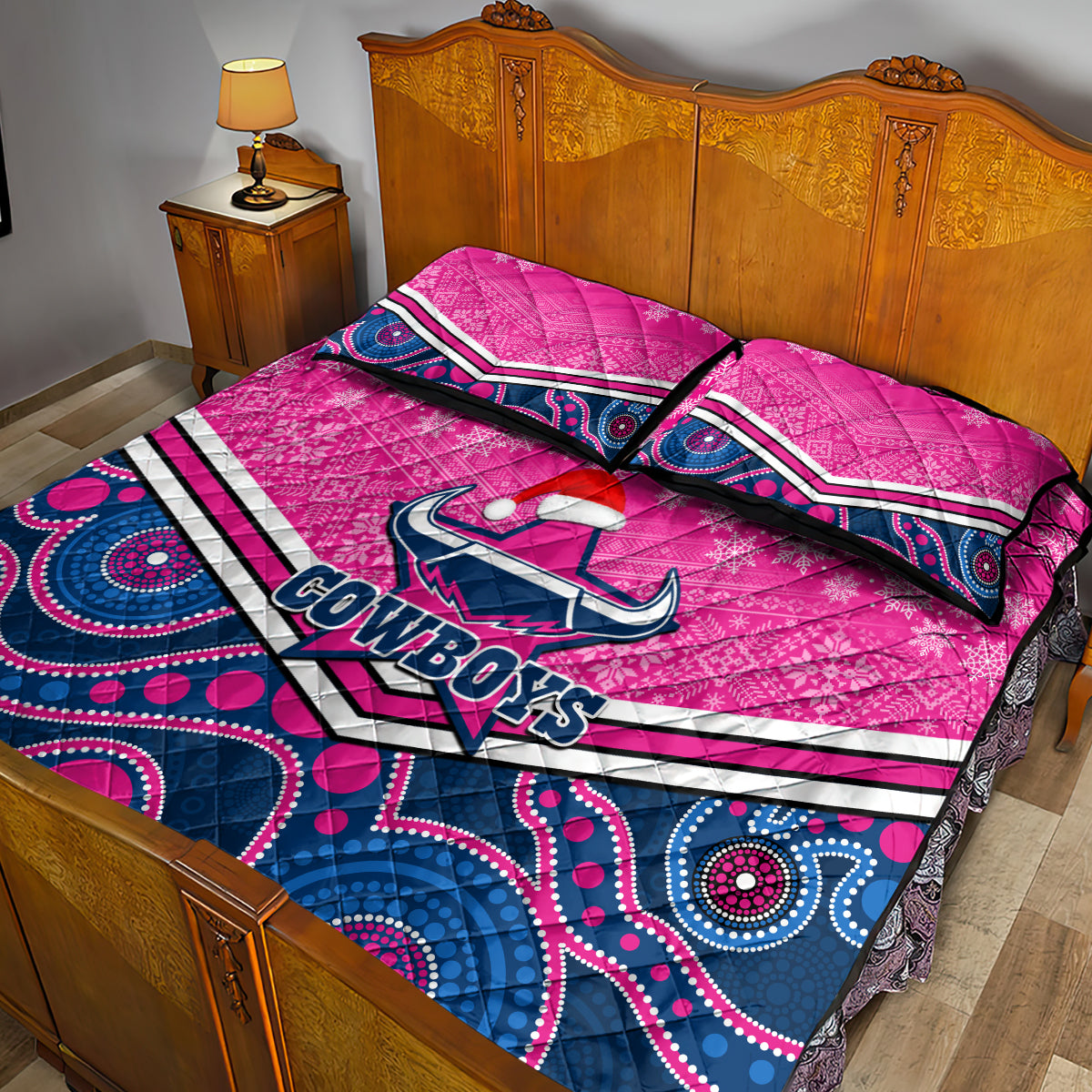 custom-cowboys-rugby-christmas-quilt-bed-set-merry-xmas-2023-mix-aboriginal-art-pink-version