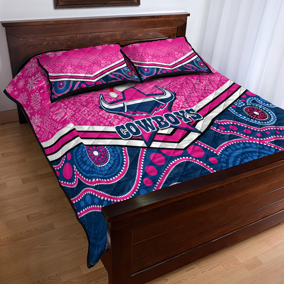 custom-cowboys-rugby-christmas-quilt-bed-set-merry-xmas-2023-mix-aboriginal-art-pink-version