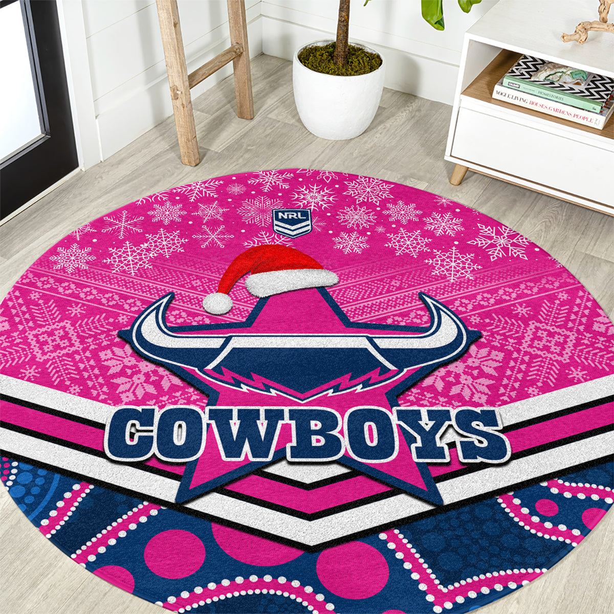 custom-cowboys-rugby-christmas-round-carpet-merry-xmas-2023-mix-aboriginal-art-pink-version