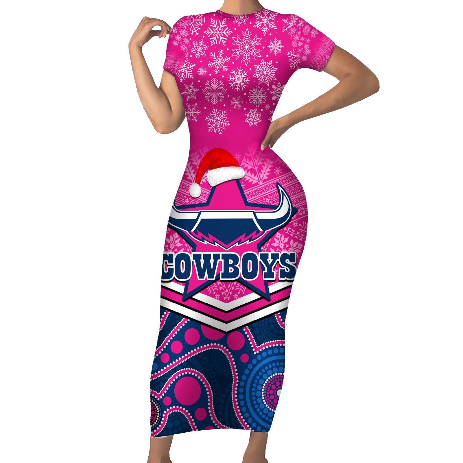 custom-cowboys-rugby-christmas-short-sleeve-bodycon-dress-merry-xmas-2023-mix-aboriginal-art-pink-version