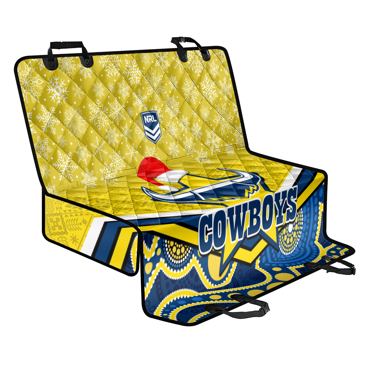custom-cowboys-rugby-christmas-back-car-seat-cover-merry-xmas-2023-mix-aboriginal-art-blue-version