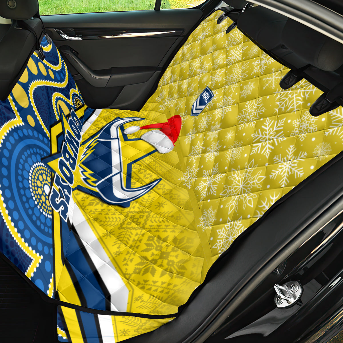 custom-cowboys-rugby-christmas-back-car-seat-cover-merry-xmas-2023-mix-aboriginal-art-blue-version