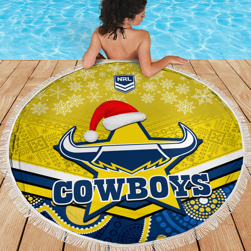 custom-cowboys-rugby-christmas-beach-blanket-merry-xmas-2023-mix-aboriginal-art-blue-version