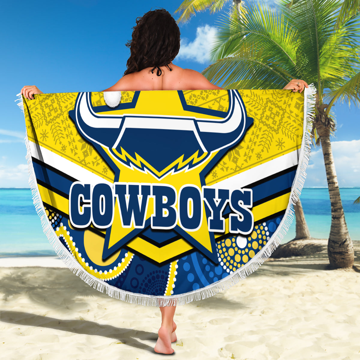 custom-cowboys-rugby-christmas-beach-blanket-merry-xmas-2023-mix-aboriginal-art-blue-version