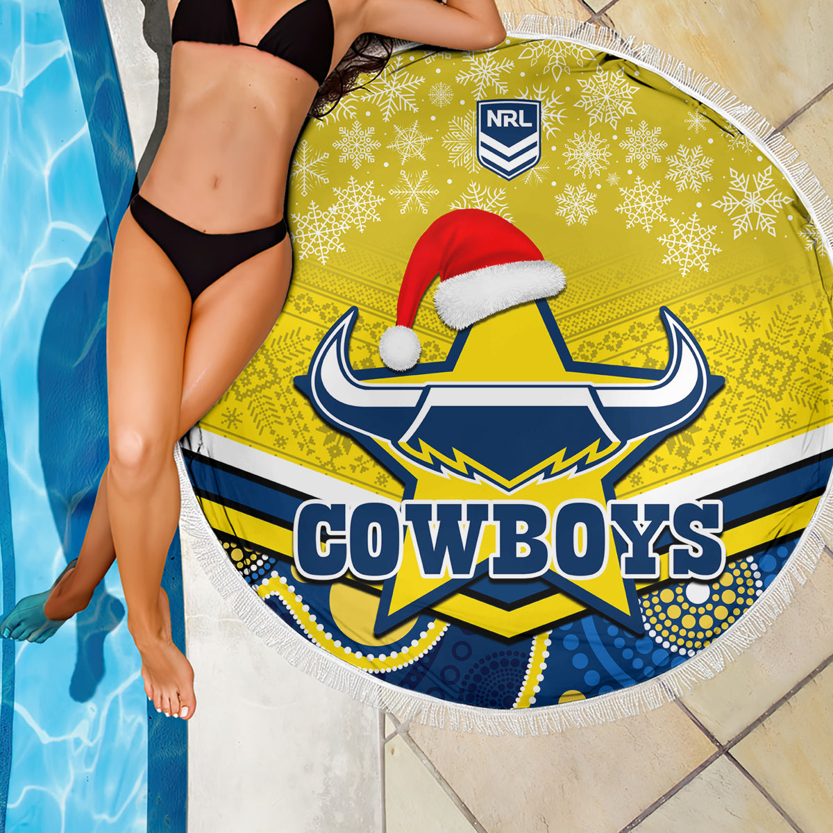custom-cowboys-rugby-christmas-beach-blanket-merry-xmas-2023-mix-aboriginal-art-blue-version