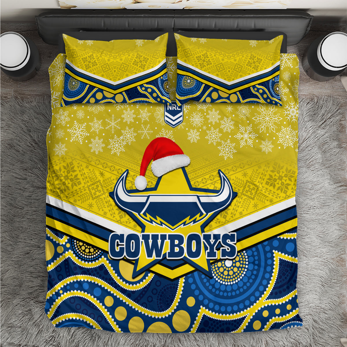 custom-cowboys-rugby-christmas-bedding-set-merry-xmas-2023-mix-aboriginal-art-blue-version
