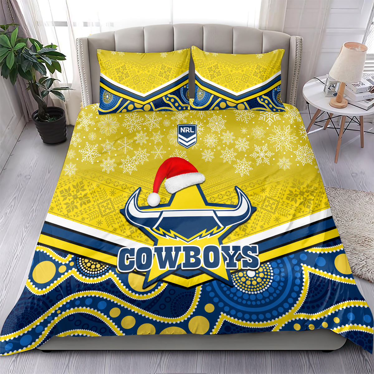 custom-cowboys-rugby-christmas-bedding-set-merry-xmas-2023-mix-aboriginal-art-blue-version