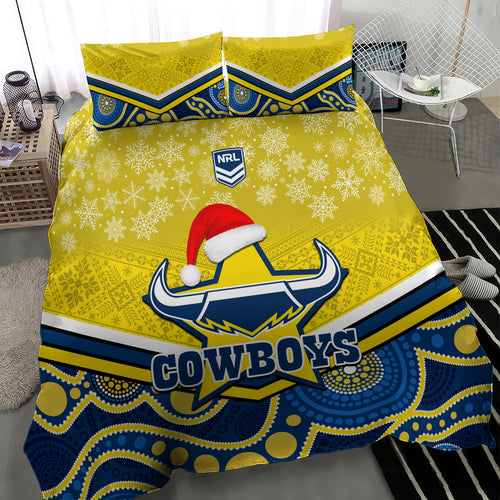 custom-cowboys-rugby-christmas-bedding-set-merry-xmas-2023-mix-aboriginal-art-blue-version