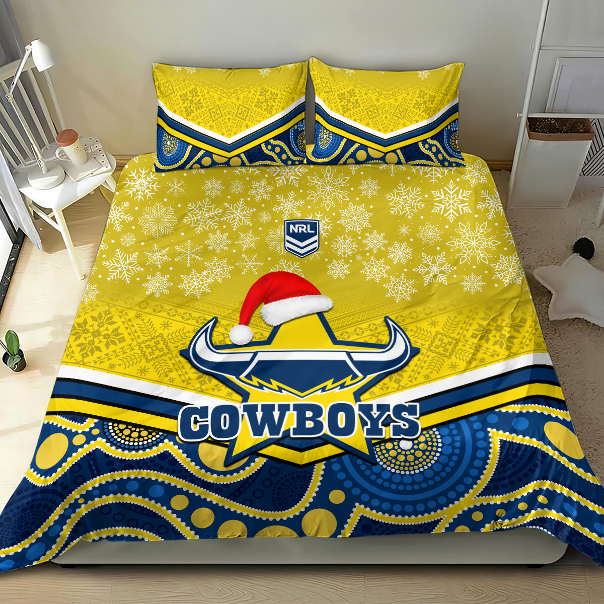 custom-cowboys-rugby-christmas-bedding-set-merry-xmas-2023-mix-aboriginal-art-blue-version