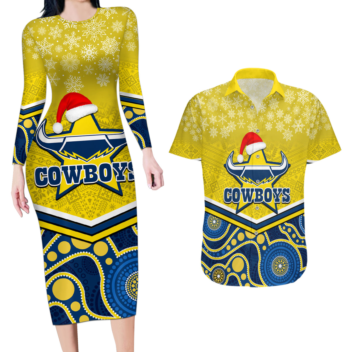 custom-cowboys-rugby-christmas-couples-matching-long-sleeve-bodycon-dress-and-hawaiian-shirt-merry-xmas-2023-mix-aboriginal-art-blue-version