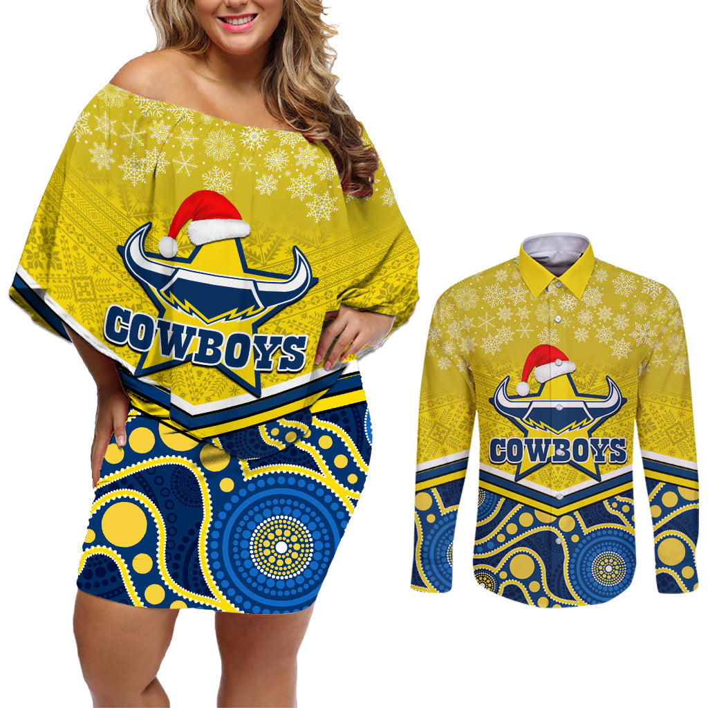 custom-cowboys-rugby-christmas-couples-matching-off-shoulder-short-dress-and-long-sleeve-button-shirt-merry-xmas-2023-mix-aboriginal-art-blue-version