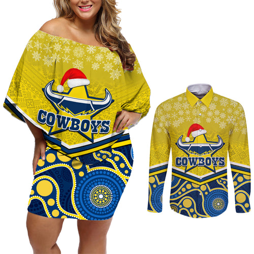 custom-cowboys-rugby-christmas-couples-matching-off-shoulder-short-dress-and-long-sleeve-button-shirt-merry-xmas-2023-mix-aboriginal-art-blue-version
