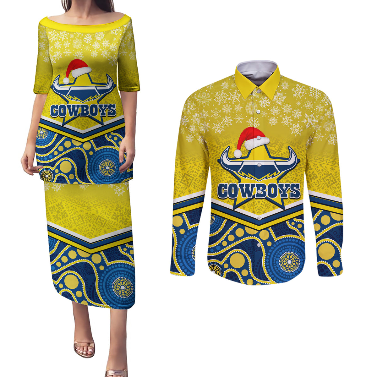custom-cowboys-rugby-christmas-couples-matching-puletasi-dress-and-long-sleeve-button-shirt-merry-xmas-2023-mix-aboriginal-art-blue-version