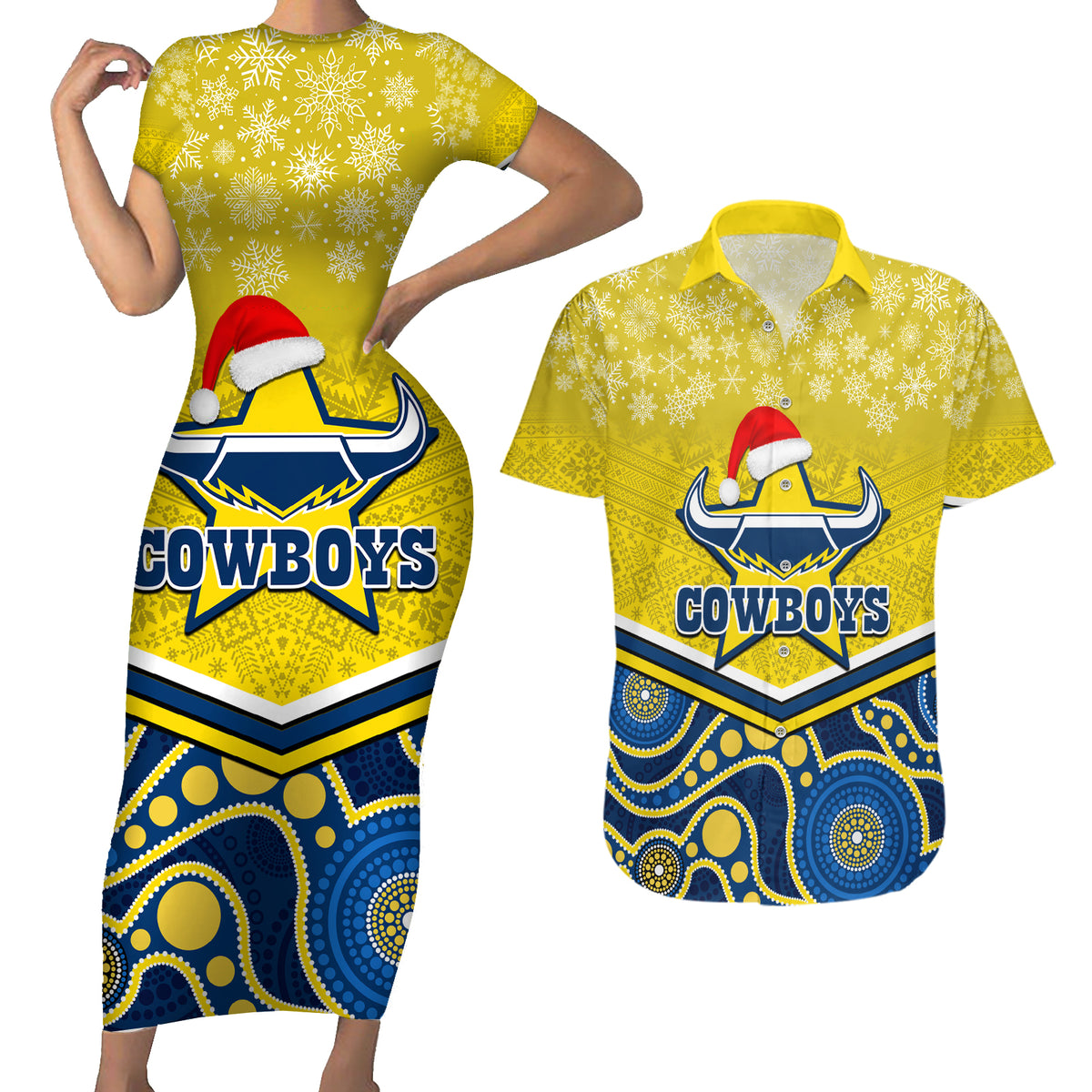custom-cowboys-rugby-christmas-couples-matching-short-sleeve-bodycon-dress-and-hawaiian-shirt-merry-xmas-2023-mix-aboriginal-art-blue-version