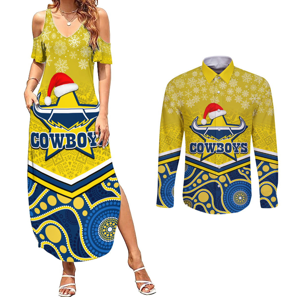 custom-cowboys-rugby-christmas-couples-matching-summer-maxi-dress-and-long-sleeve-button-shirt-merry-xmas-2023-mix-aboriginal-art-blue-version