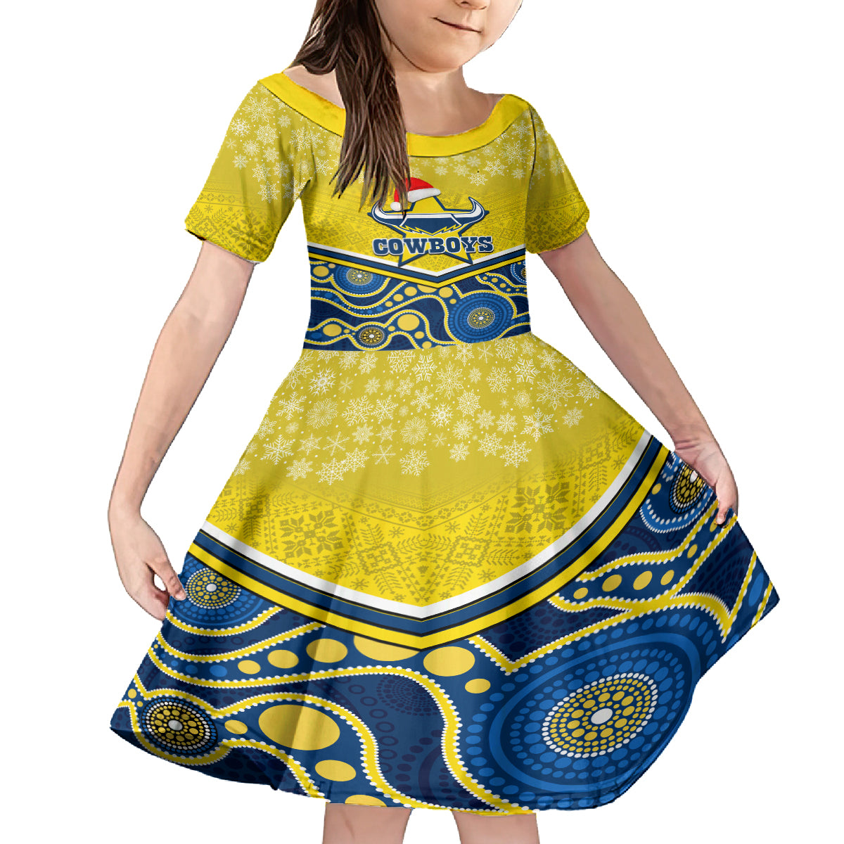 custom-cowboys-rugby-christmas-kid-short-sleeve-dress-merry-xmas-2023-mix-aboriginal-art-blue-version
