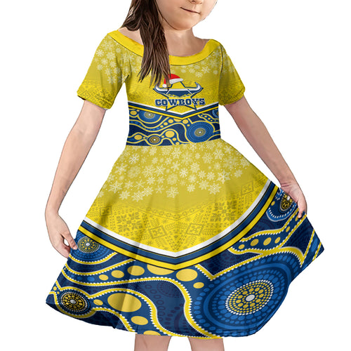 custom-cowboys-rugby-christmas-kid-short-sleeve-dress-merry-xmas-2023-mix-aboriginal-art-blue-version