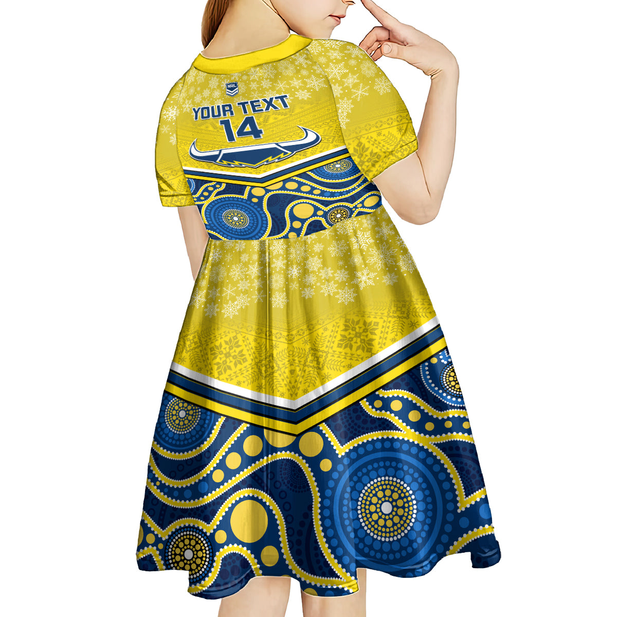 custom-cowboys-rugby-christmas-kid-short-sleeve-dress-merry-xmas-2023-mix-aboriginal-art-blue-version