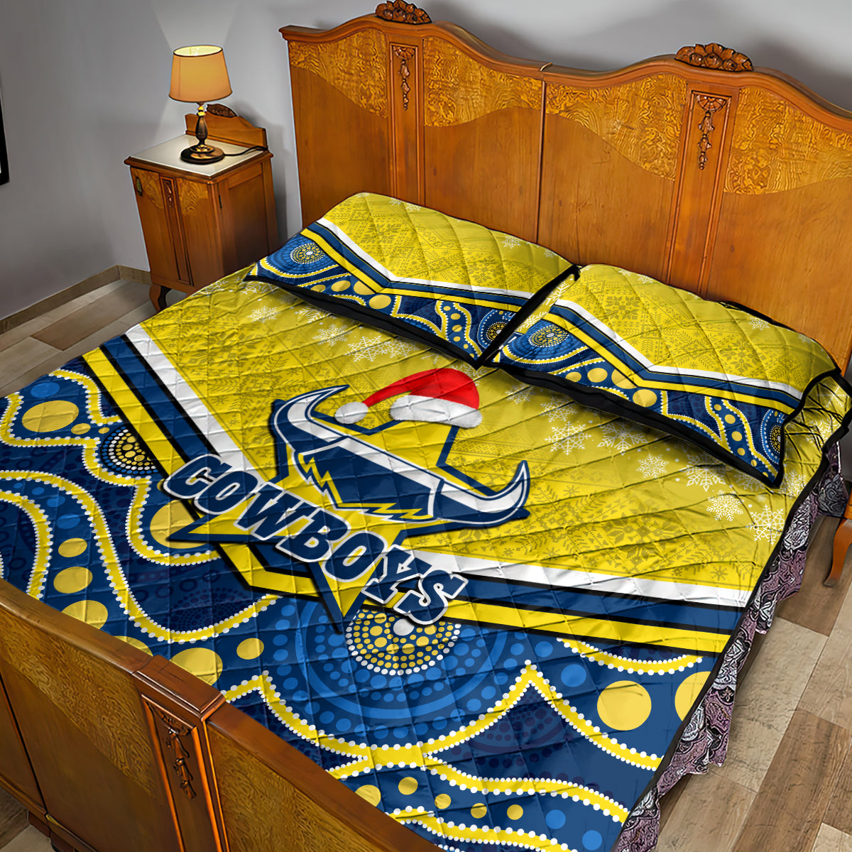 custom-cowboys-rugby-christmas-quilt-bed-set-merry-xmas-2023-mix-aboriginal-art-blue-version
