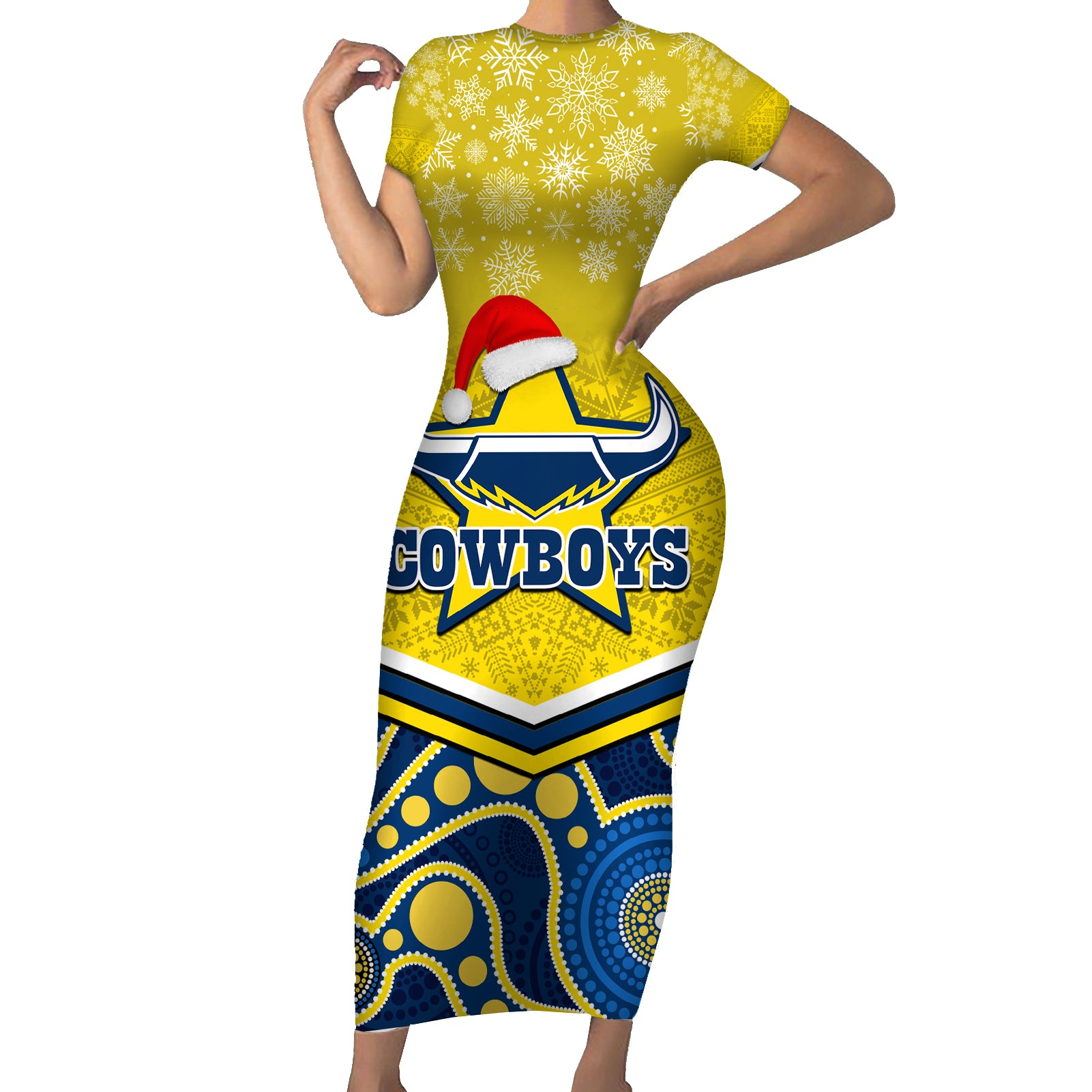 custom-cowboys-rugby-christmas-short-sleeve-bodycon-dress-merry-xmas-2023-mix-aboriginal-art-blue-version