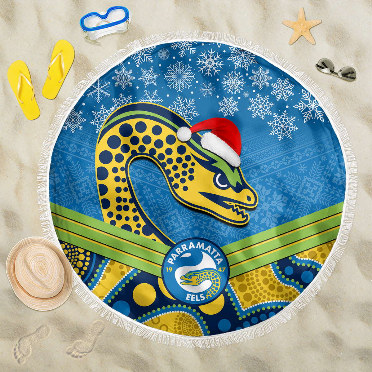 custom-parramatta-eels-rugby-christmas-beach-blanket-merry-xmas-2023-mix-aboriginal-art