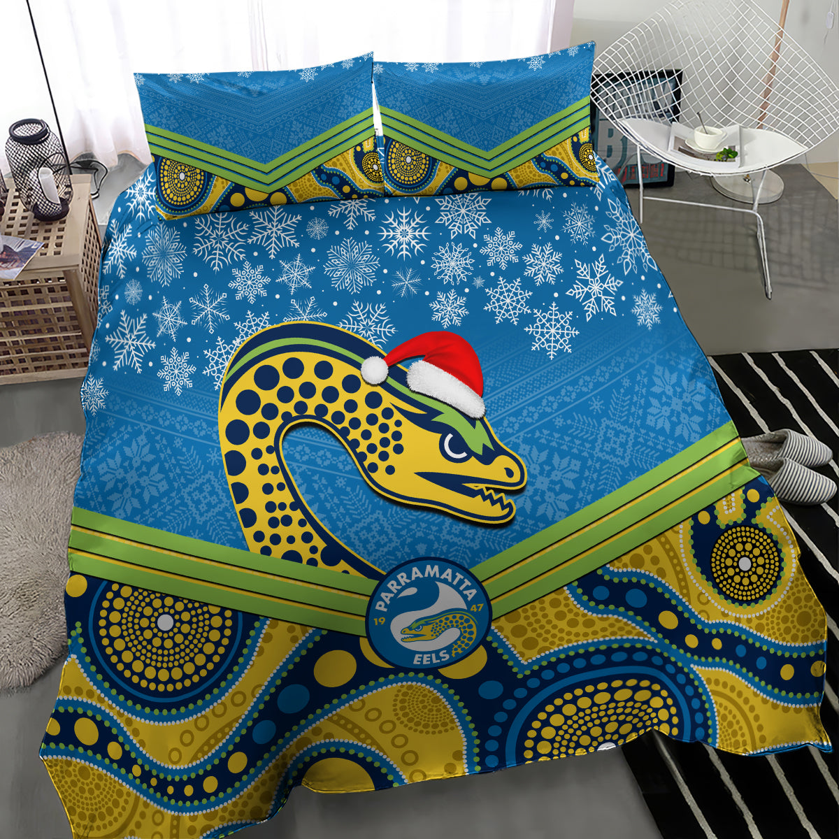 custom-parramatta-eels-rugby-christmas-bedding-set-merry-xmas-2023-mix-aboriginal-art
