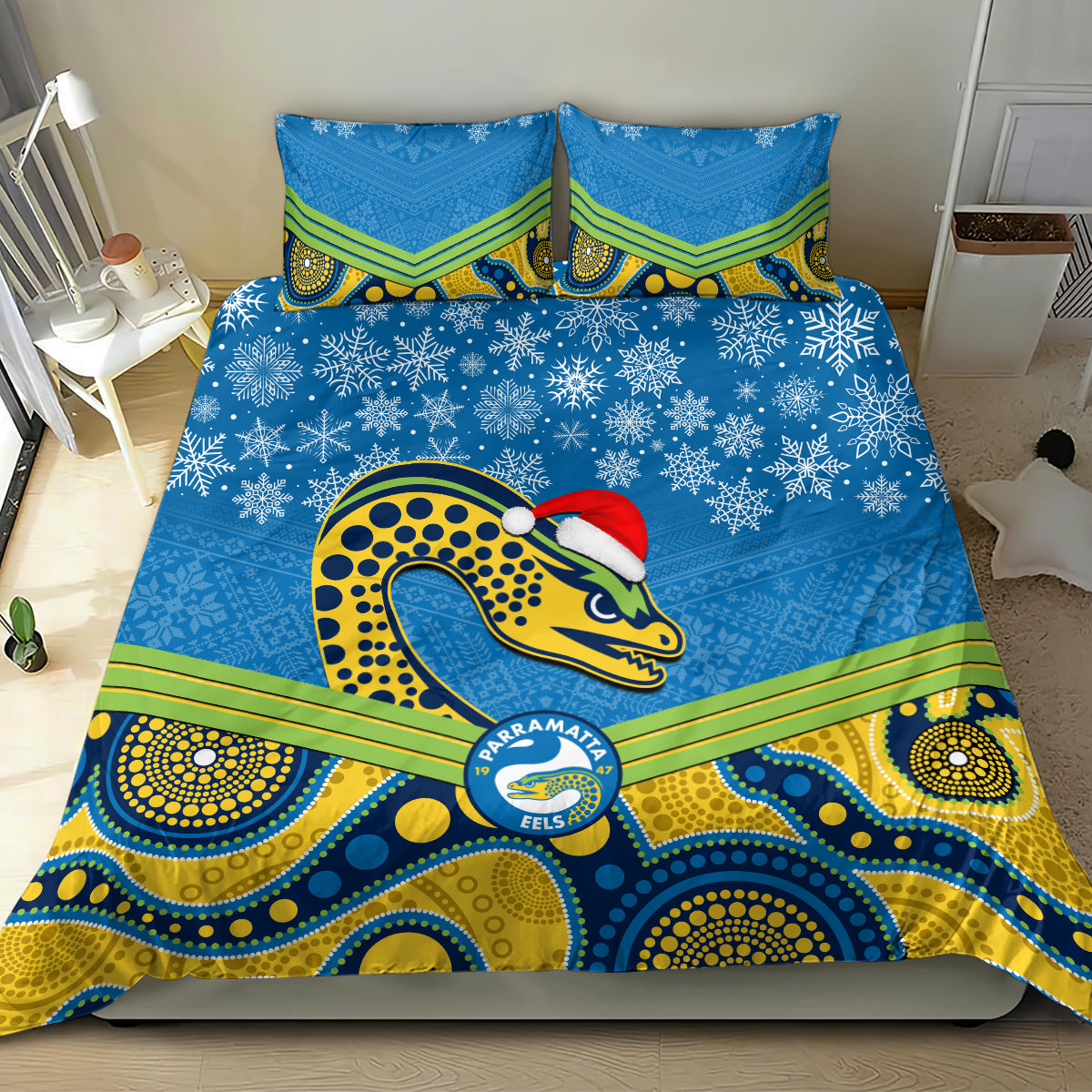 custom-parramatta-eels-rugby-christmas-bedding-set-merry-xmas-2023-mix-aboriginal-art
