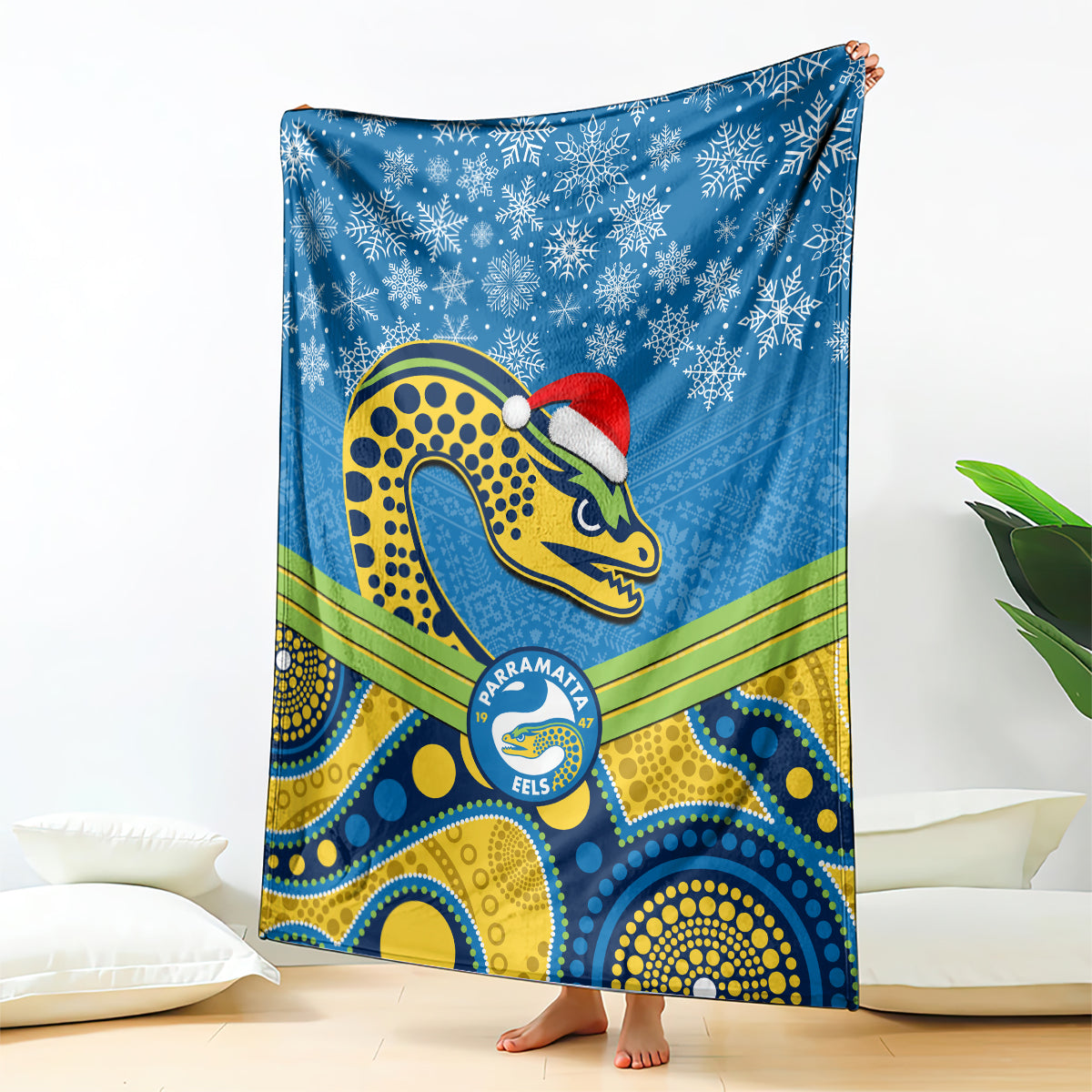 custom-parramatta-eels-rugby-christmas-blanket-merry-xmas-2023-mix-aboriginal-art