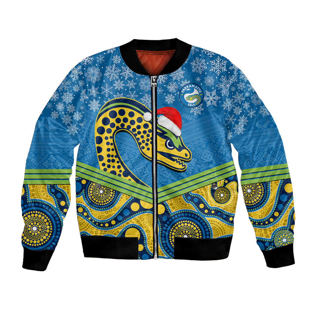 custom-parramatta-eels-rugby-christmas-bomber-jacket-merry-xmas-2023-mix-aboriginal-art