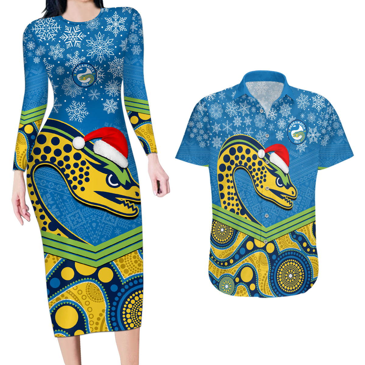 custom-parramatta-eels-rugby-christmas-couples-matching-long-sleeve-bodycon-dress-and-hawaiian-shirt-merry-xmas-2023-mix-aboriginal-art