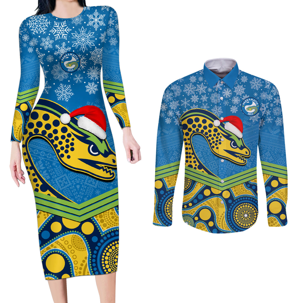 custom-parramatta-eels-rugby-christmas-couples-matching-long-sleeve-bodycon-dress-and-long-sleeve-button-shirt-merry-xmas-2023-mix-aboriginal-art