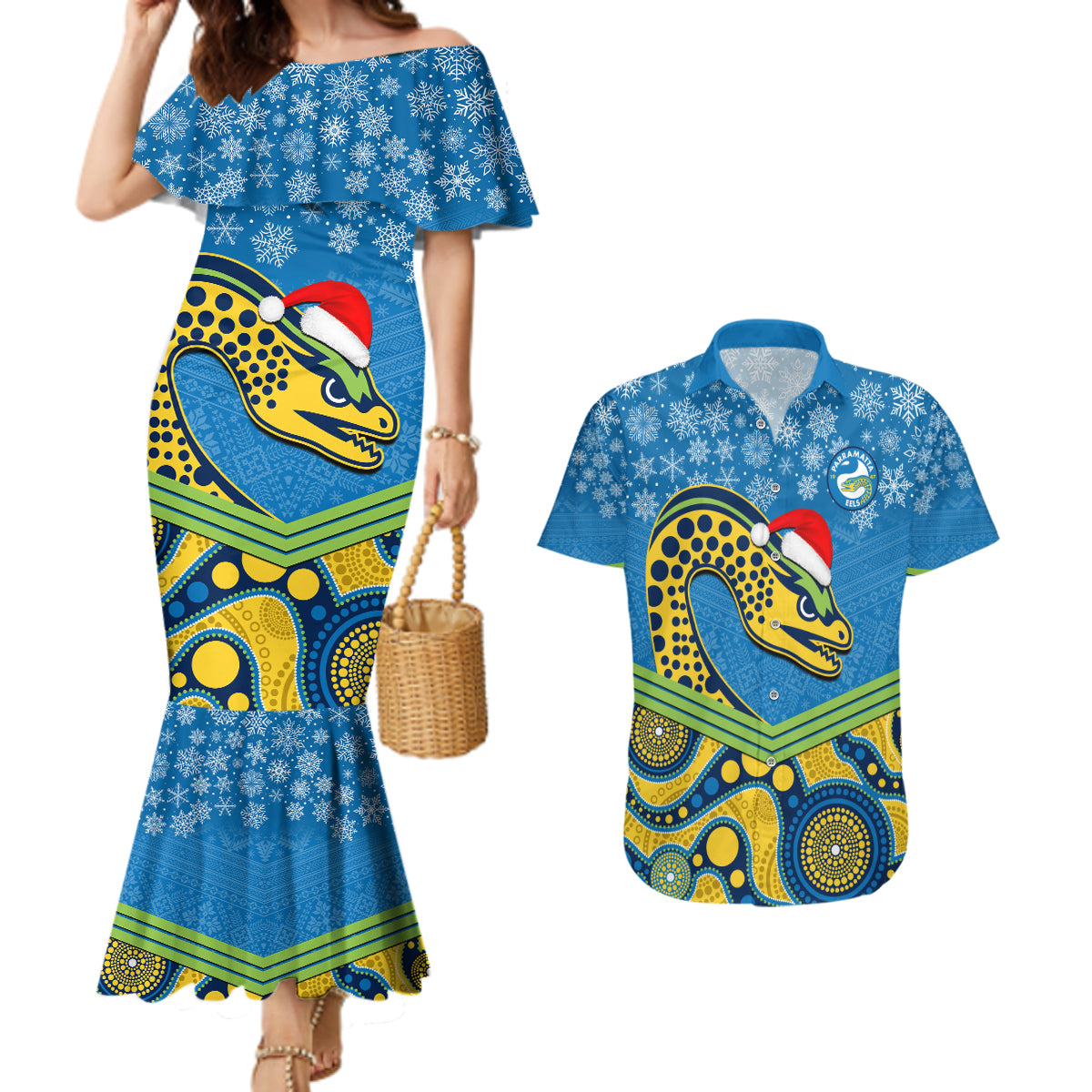 custom-parramatta-eels-rugby-christmas-couples-matching-mermaid-dress-and-hawaiian-shirt-merry-xmas-2023-mix-aboriginal-art