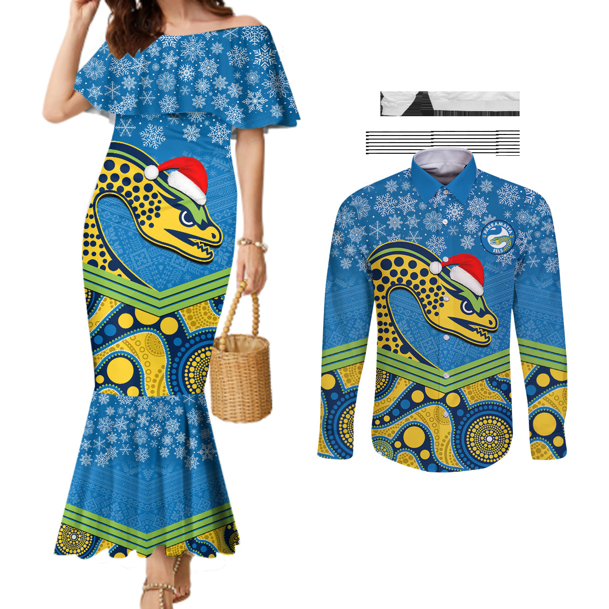 custom-parramatta-eels-rugby-christmas-couples-matching-mermaid-dress-and-long-sleeve-button-shirt-merry-xmas-2023-mix-aboriginal-art