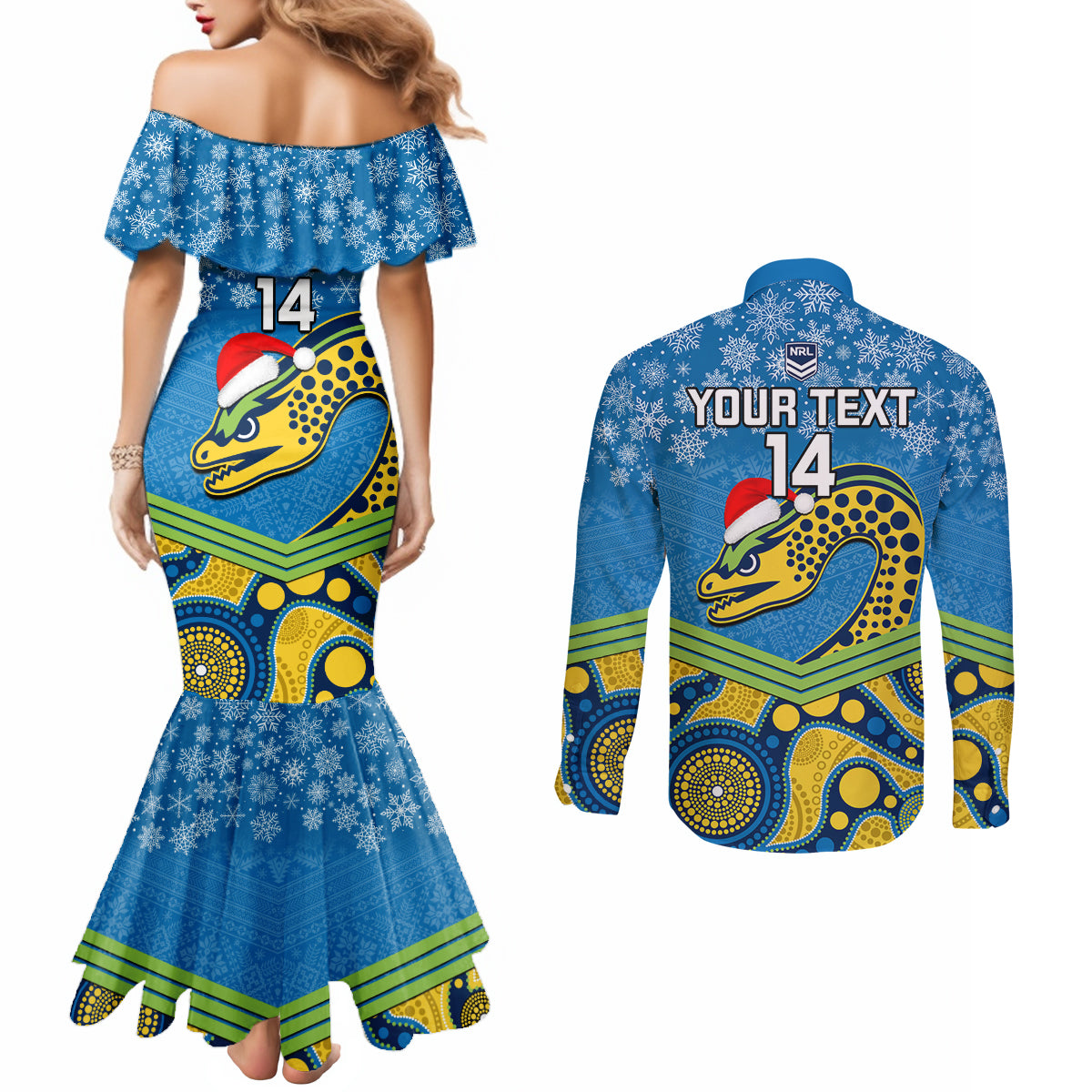 custom-parramatta-eels-rugby-christmas-couples-matching-mermaid-dress-and-long-sleeve-button-shirt-merry-xmas-2023-mix-aboriginal-art