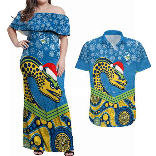 custom-parramatta-eels-rugby-christmas-couples-matching-off-shoulder-maxi-dress-and-hawaiian-shirt-merry-xmas-2023-mix-aboriginal-art